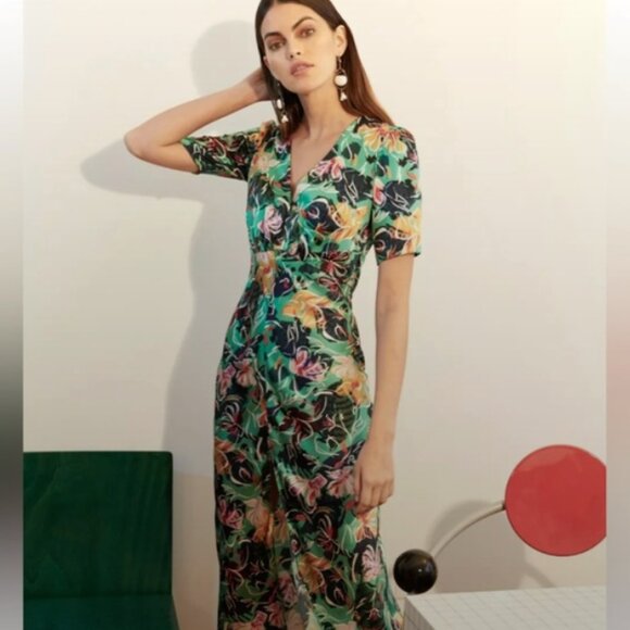 Saloni Eden Green Floral Silk Midi Dress - Picture 6 of 10